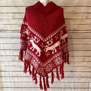 Steve Madden Nordic Red And White Reindeer Shawl One Size Fits All